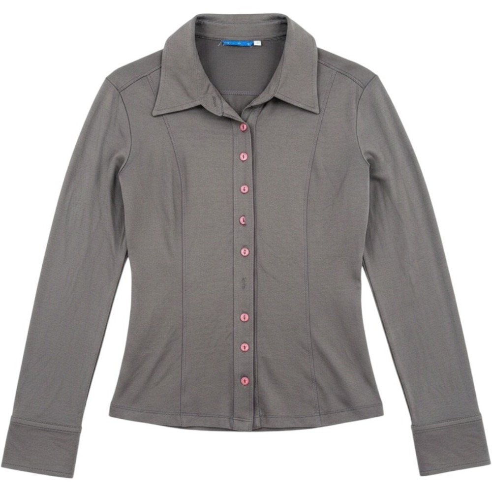 Sky Button Down Shirt Women Size L Grey Pink Buttons Jersey Knit Long Sleeve